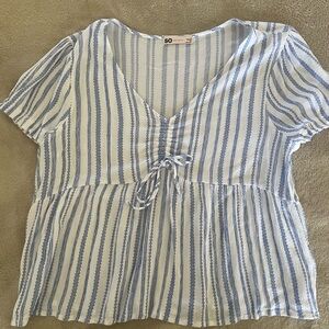 SO Striped V-Neck Tie-Front Peplum Top - Blue/White